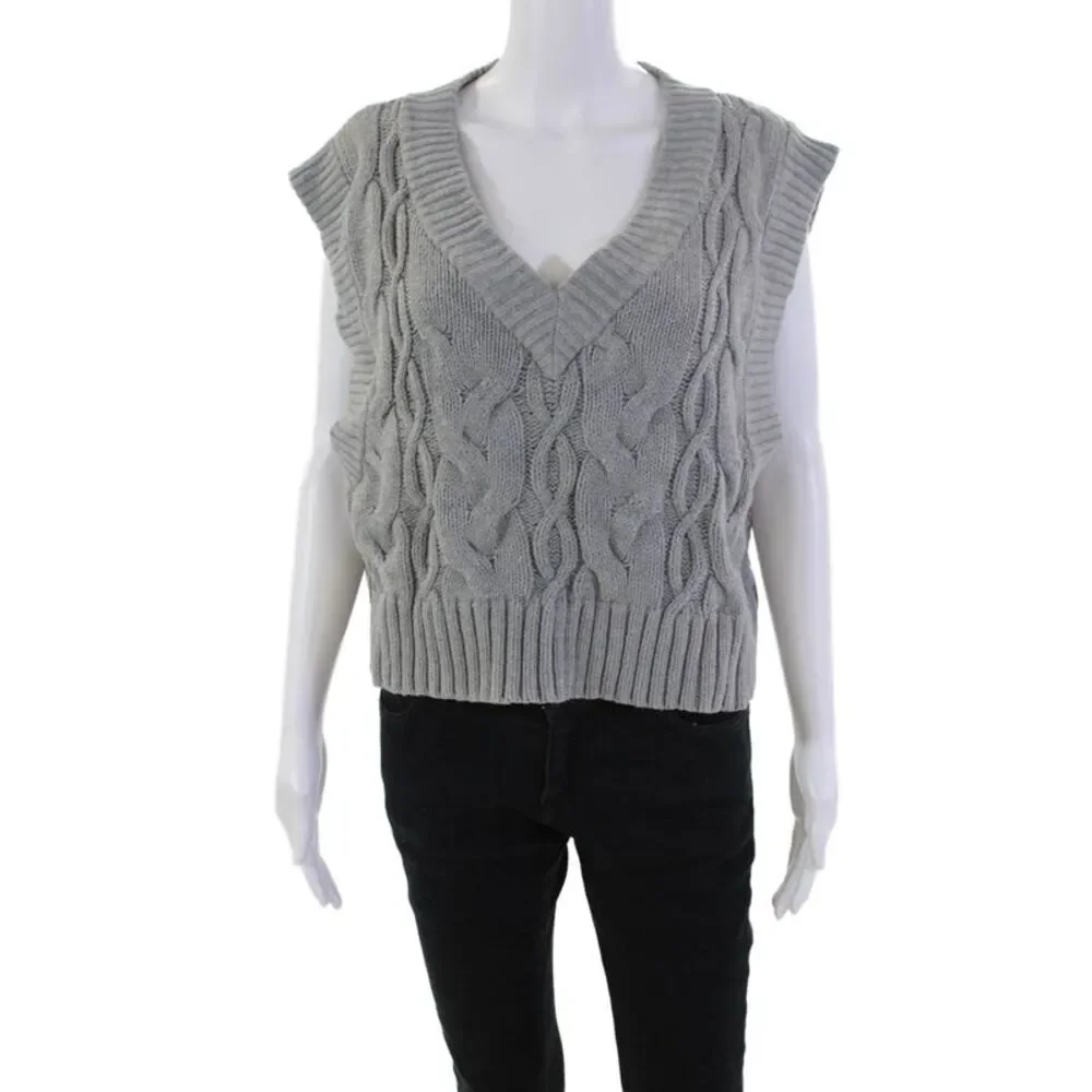 Urban Outfitters Womens Cotton- Cable Knit Sleeveless Sweater Vest Gray Size L